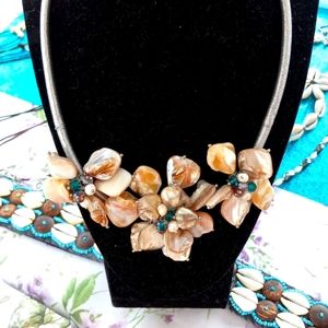 1 set of Necklace, earrings, bracelet. Cultured pearls made into rosets.